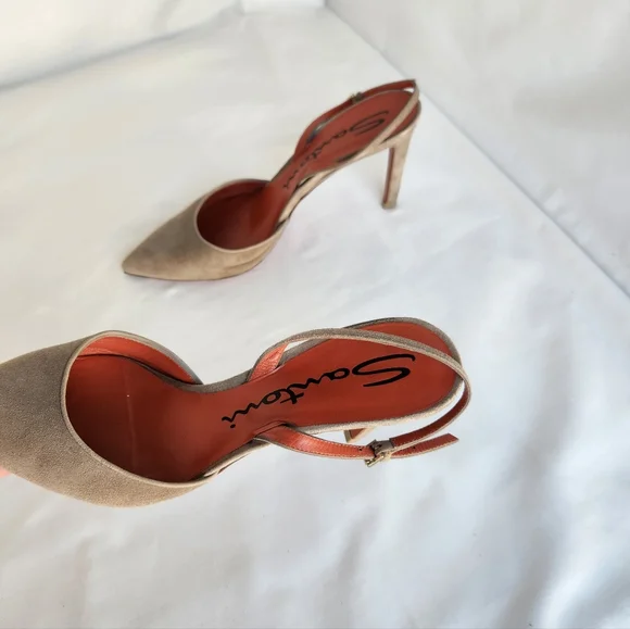 Santoni pumps women's slingback sz 8 Eu38 suede tan shoes stiletto point toe - Picture 4 of 16